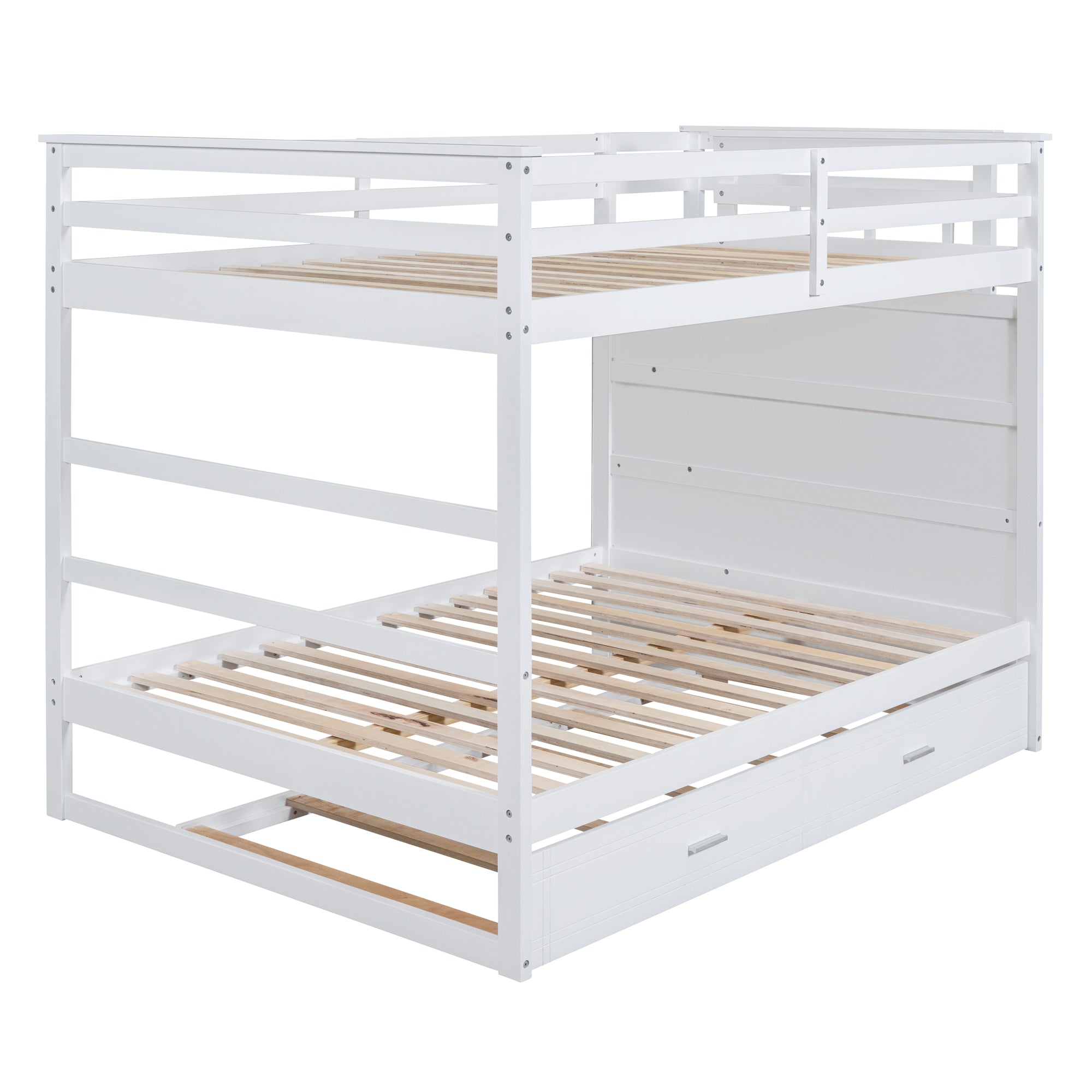 Full Over Full Bunk Bed with Twin Size Trundle and Staircase, White - Atlantic Fine Furniture Melbourne FL