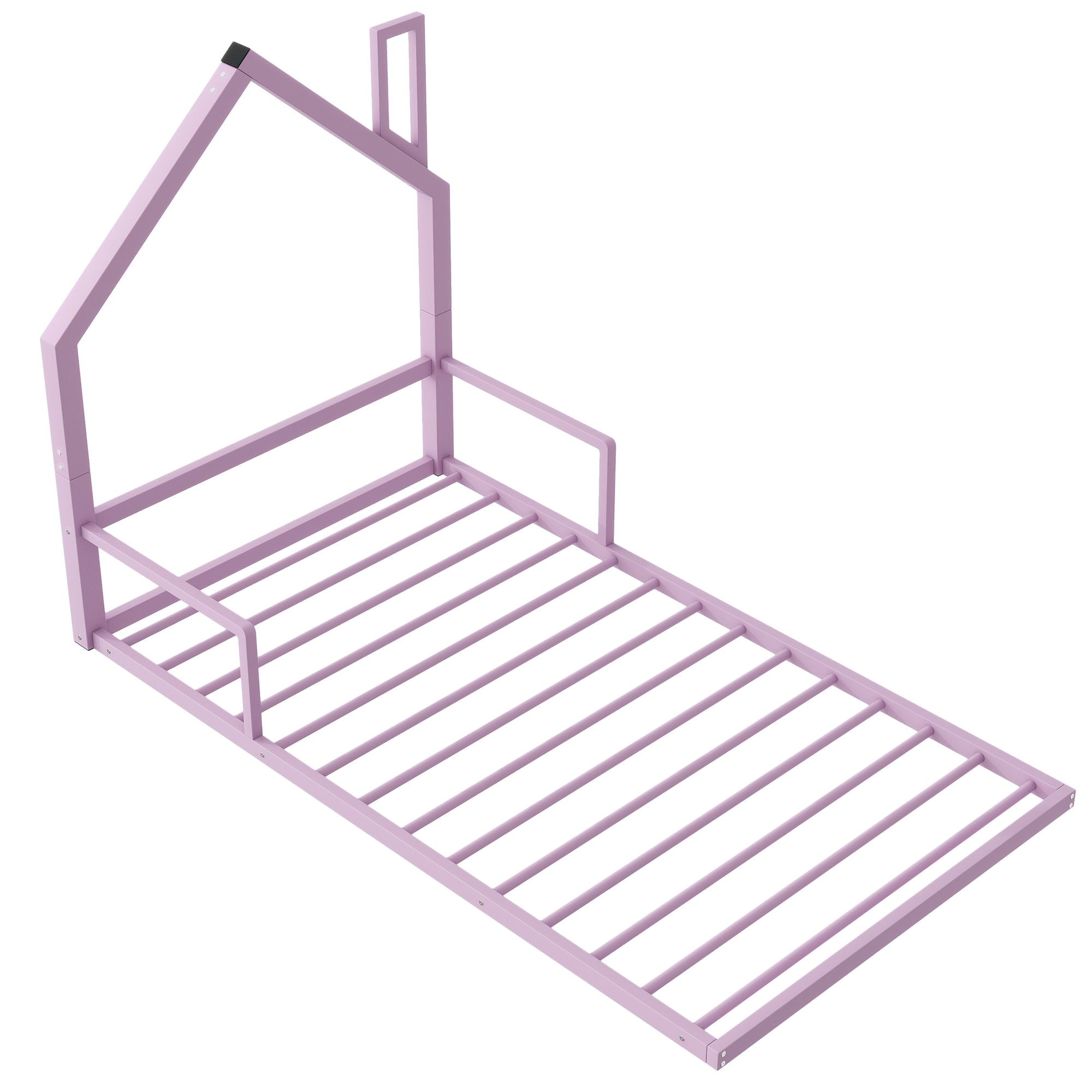 Twin Size Metal Floor Bed with House-shaped Headboard, Pink - Atlantic Fine Furniture Melbourne FL