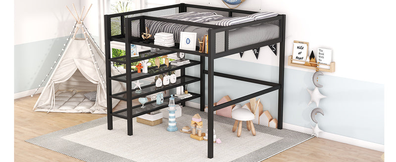 Full Size Metal Loft Bed with 4-Tier Shelves and Storage, Black