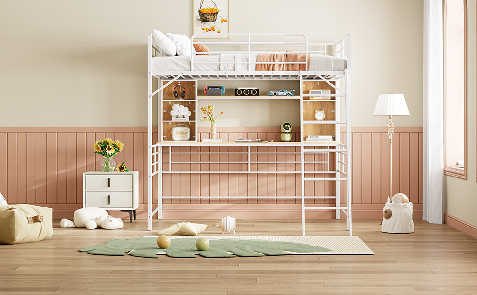Full Size Loft Bed with Desk and Shelf, Loft Bed with Ladder,Full,White - Atlantic Fine Furniture Melbourne FL