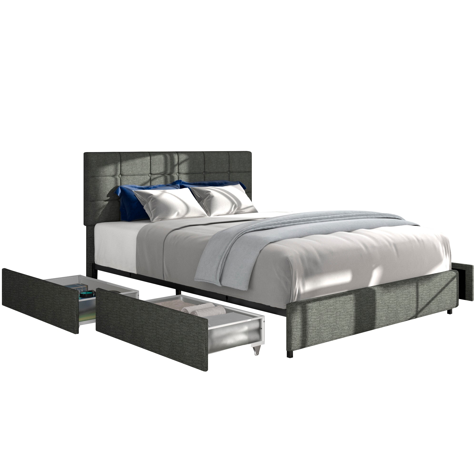 Vera Full Size Gray Linen Upholstered Platform Bed with Patented 4 Drawers Storage, Square Stitched Button Tufted Headboard, Wooden Slat Mattress Support No Box Spring Required - Atlantic Fine Furniture Melbourne FL