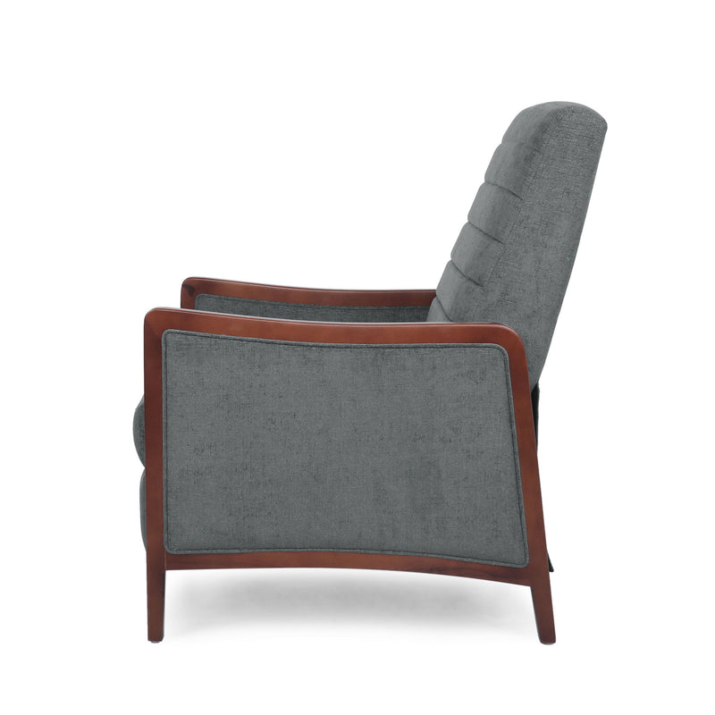 Mendota - Mid Century Modern Fabric Channel Stitch Wood Pushback Recliner - Gray
