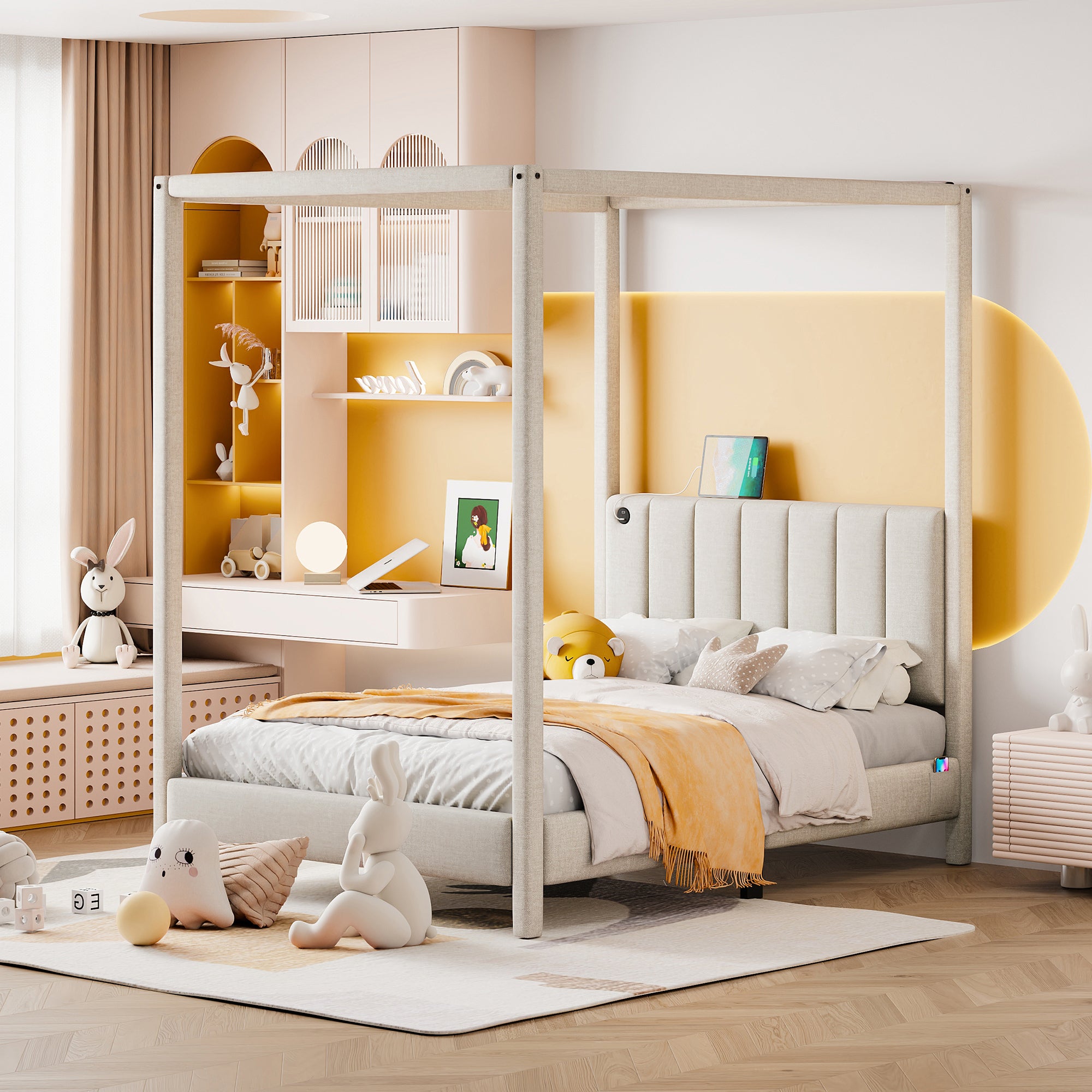 Queen Size Canopy Platform Bed with USB and Type-C Ports, Canvas, Beige - Atlantic Fine Furniture Melbourne FL