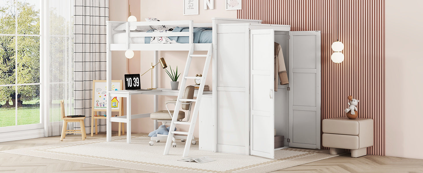 Twin size Loft Bed with Desk, Shelves and Wardrobe-White - Atlantic Fine Furniture Melbourne FL
