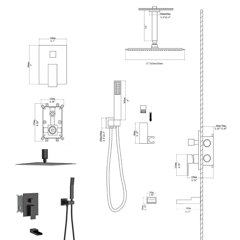 12" Ceiling Mount Square Shower System With Waterfall Tub Spout And Rough In Valve