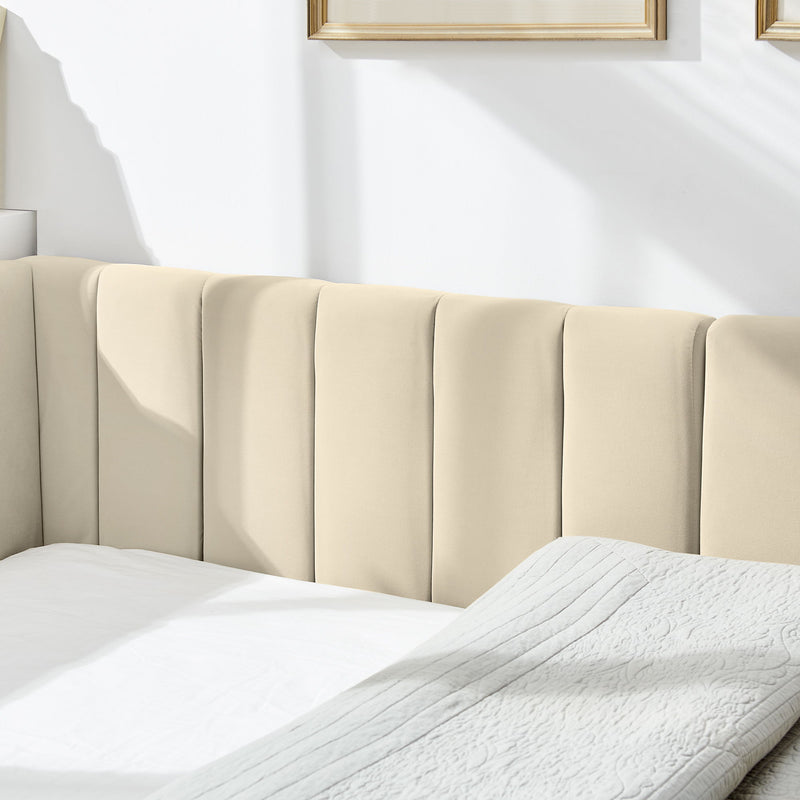 Mid-Century Upholstered Tufted Bed Frame With Backrest And Armrests