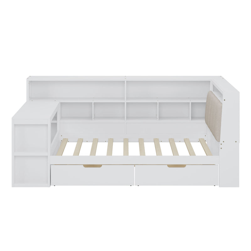 L Shaped Daybed With Desk, Bookcase, Upholstered Headboard, Drawers, And LED Light