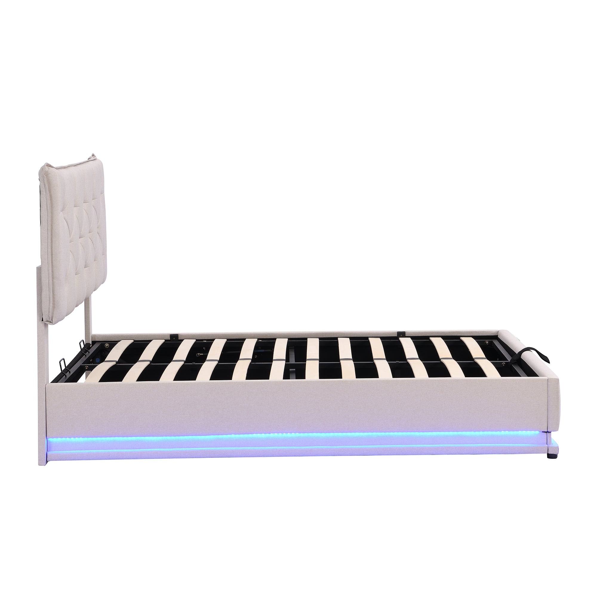 Full Size Upholstered Bed with Hydraulic Storage System and LED Light, Modern Platform Bed with Button-tufted Design Headboard, Beige - Atlantic Fine Furniture Melbourne FL