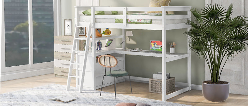 Twin Size Loft Bed with Desk and Shelves, Two Built-in Drawers, White (old SKU: GX000803AAK-1)