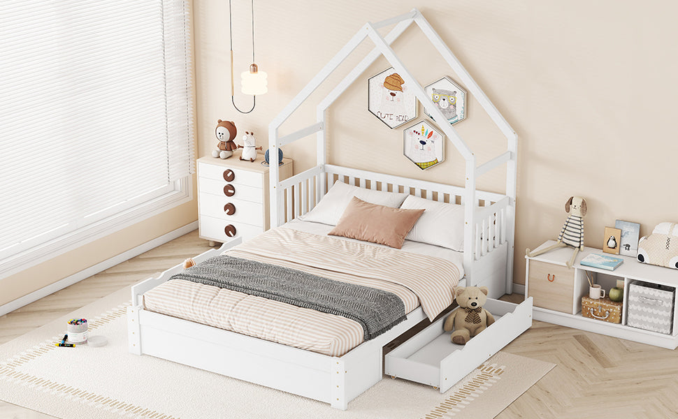 Wood Queen Size House Platform Bed with Guardrail and 2 Drawers, White (Expected Arrival Time:4.26) - Atlantic Fine Furniture Melbourne FL