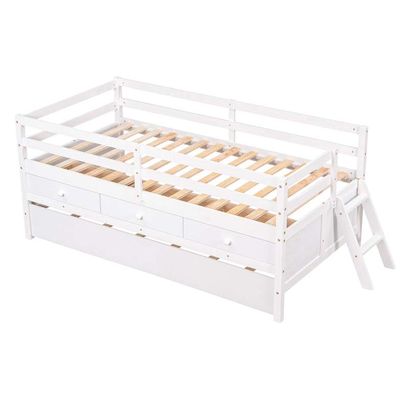 Low Loft Bed Twin Size with Full Safety Fence, Climbing ladder, Storage Drawers and Trundle White Solid Wood Bed