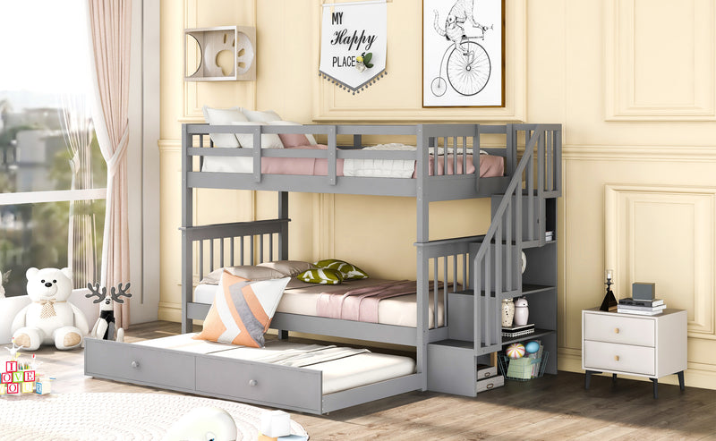 Stairway Twin-Over-Twin Bunk Bed with Twin size Trundle for Bedroom, Dorm, Adults, Gray( old sku: LP000209AAE )