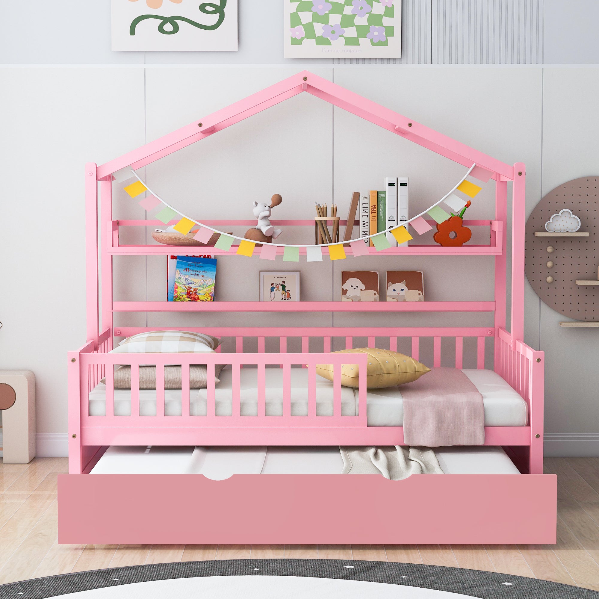 Wooden Twin Size House Bed with Trundle,Kids Bed with Shelf, Pink - Atlantic Fine Furniture Melbourne FL