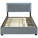 Queen Size  Velvet Storage Platform Bed, with 2 Big Drawers, Twin XL Size Trundle and LED Light, Gray