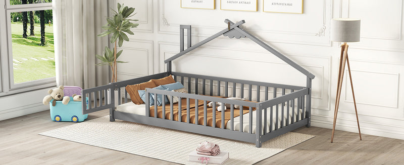 Twin House-Shaped Bedside Floor Bed with Guardrails, Slats, with Door,Grey