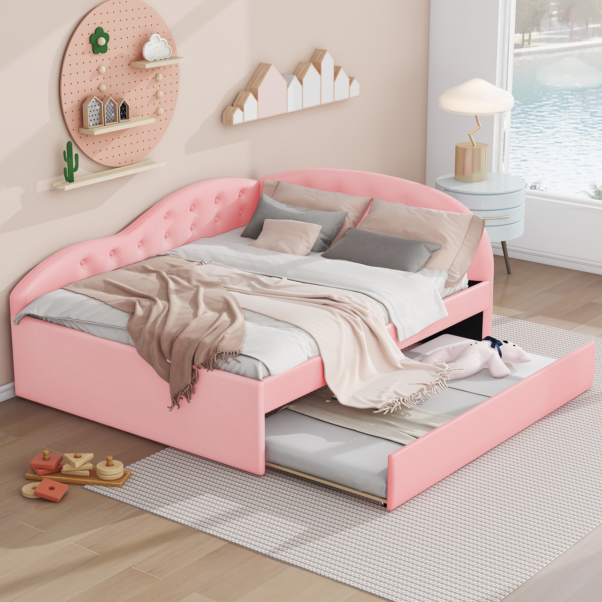 Full Size PU Upholstered Tufted Daybed with Trundle and Cloud Shaped Guardrail, Pink - Atlantic Fine Furniture Melbourne FL