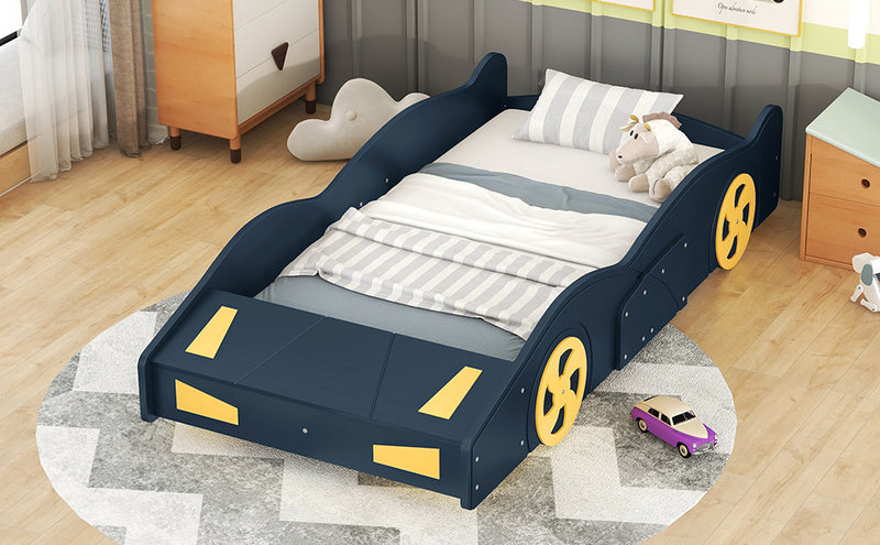 Twin Size Race Car-Shaped Platform Bed with Wheels and Storage, Dark Blue+Yellow