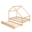 Full Size Wooden House Bed With Twin Size Trundle, Natural