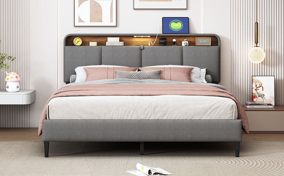 Queen size Upholstered Platform Bed with Storage Headboard, Sensor Light and a set of Sockets and USB Ports, Linen Fabric, Gray - Atlantic Fine Furniture Melbourne FL