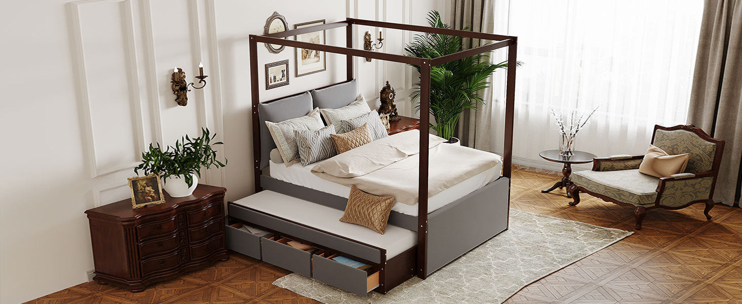 Full Size Upholstered  Canopy Bed with Trundle and 3 Drawers, Gray - Atlantic Fine Furniture Melbourne FL