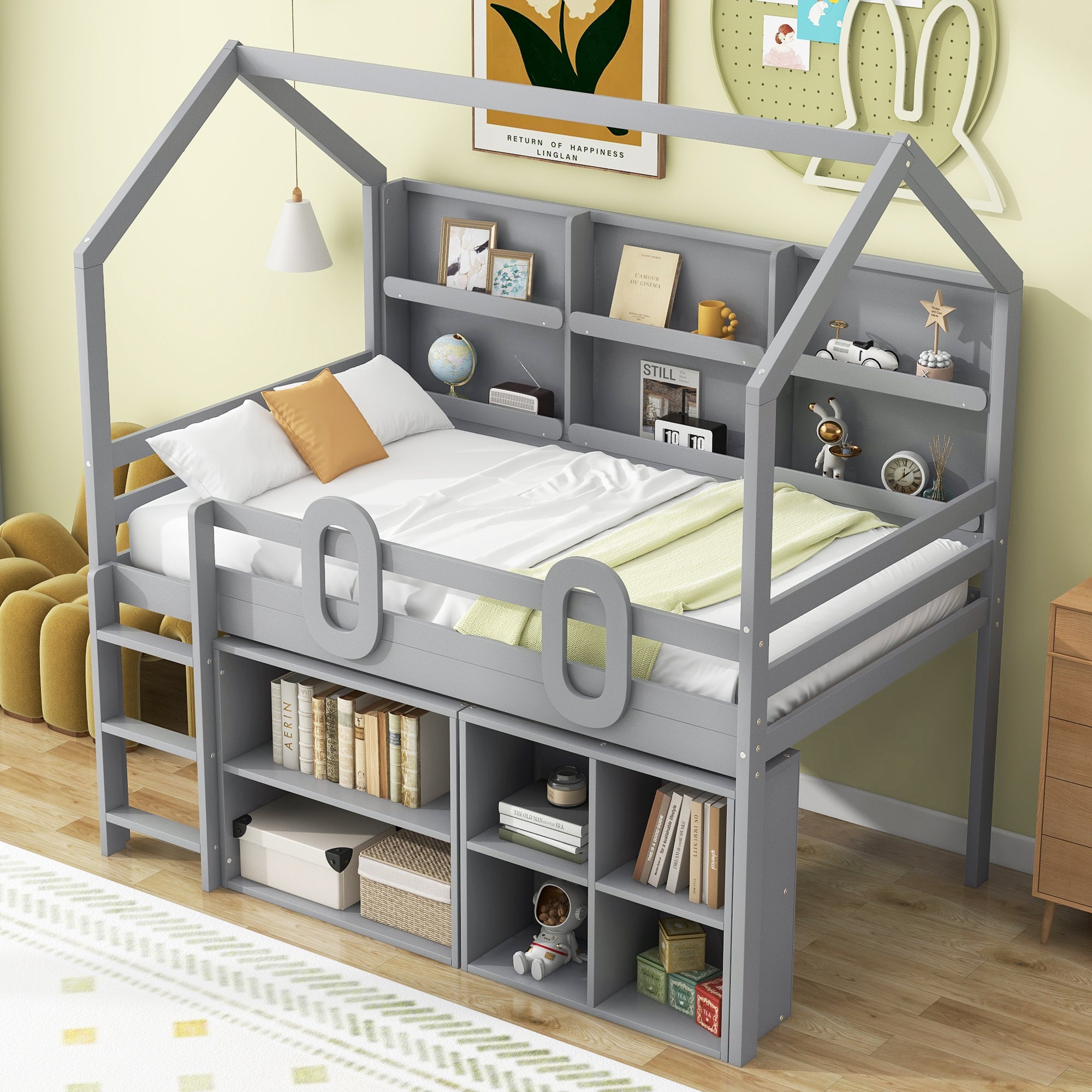 Twin Size House Loft Bed with Multiple Storage Shelves, Grey - Atlantic Fine Furniture Melbourne FL