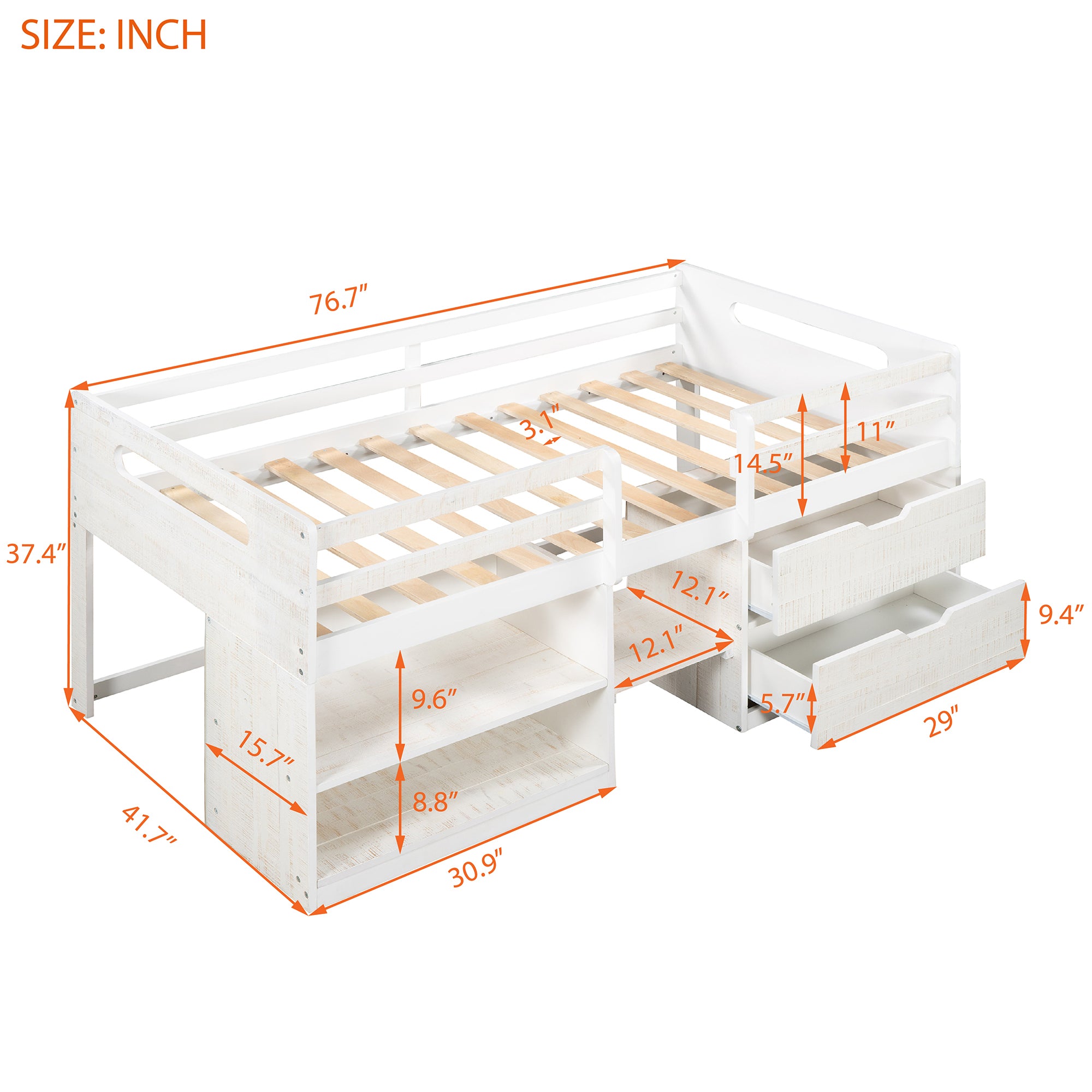 Twin size Loft Bed with Two Shelves and Two drawers (Antique White) - Atlantic Fine Furniture Melbourne FL