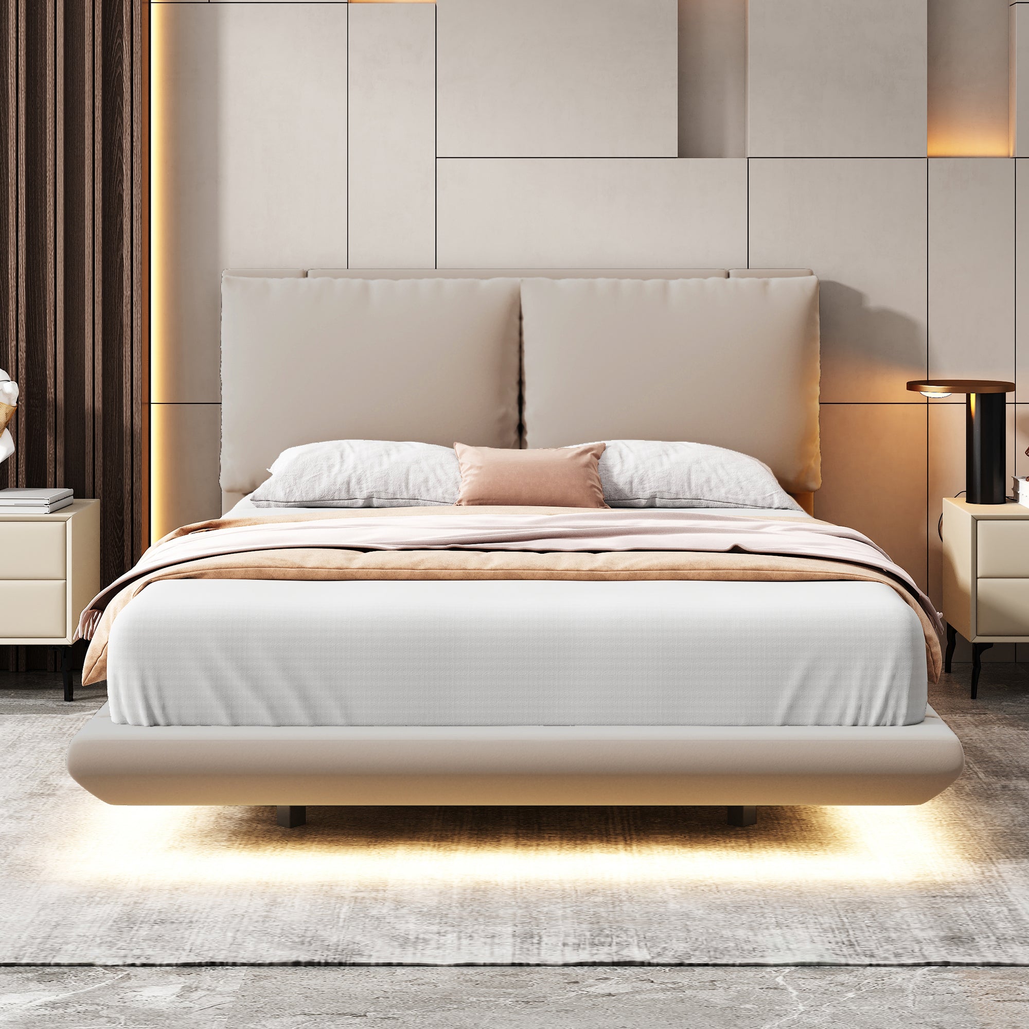 Full Size Upholstered Platform Bed with Sensor Light and 2 Large Backrests, Stylish Platform Bed with 2 sets of USB Port and Socket on each rear Bed Leg, Beige - Atlantic Fine Furniture Melbourne FL