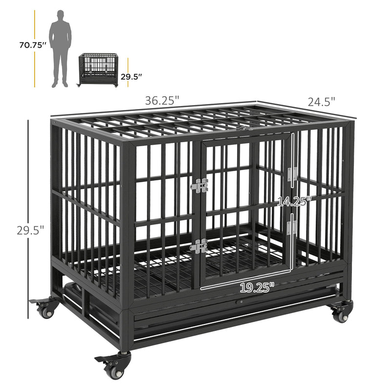 Pawhut - 36" Heavy Duty Dog Crate Metal Cage Kennel With Lockable Wheels, Double Door And Removable Tray - Gray