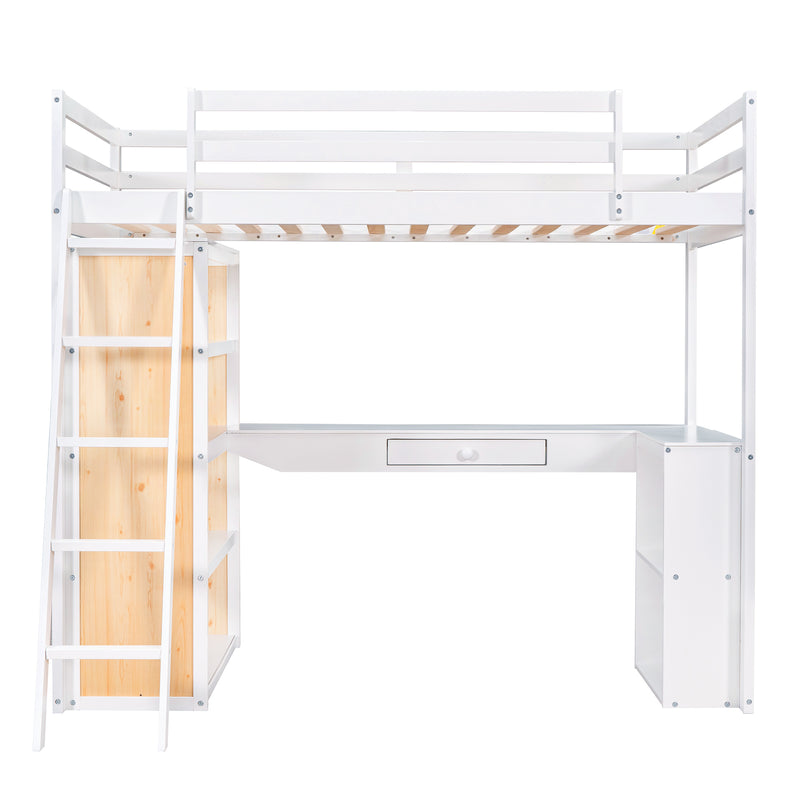 Twin Size Loft Bed with Ladder, Shelves, and Desk, White(OLD SKU:LT000225AAK)