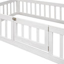 Twin Size Wood House Bed with Fence and Door, White Wash