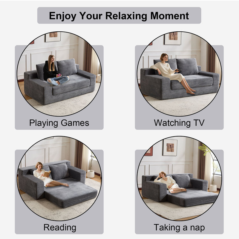 Loveseat Sofa, Comfortable Deep Seat Sofa Bed, Modern Small Corduroy Couch For Living Room Bedroom,Reversible Cushion With Pillows,No Assembly Required,Dark Gray