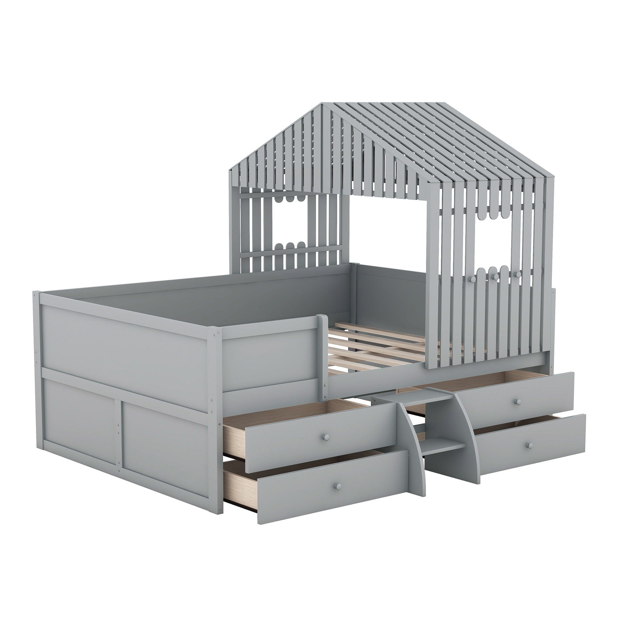 Full Size House Low Loft Bed with Four Drawers,Gray - Atlantic Fine Furniture Melbourne FL