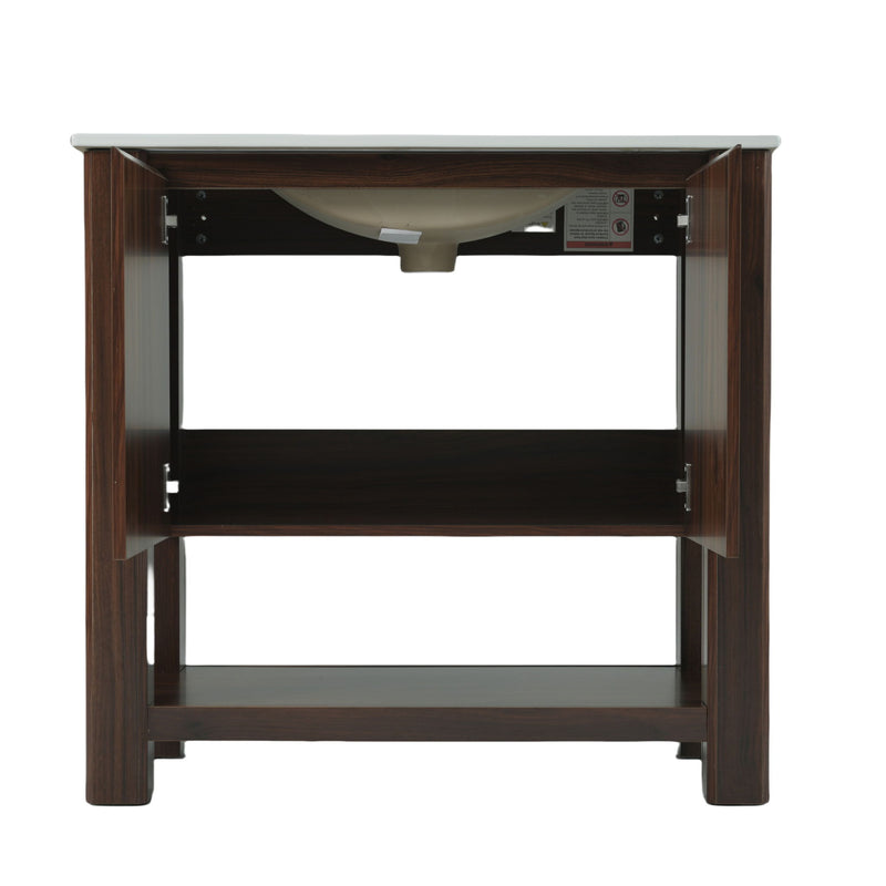 36" Modern Bathroom Vanity With Rectangle Ceramic Sink, Bathroom Cabinet And 45 Degrees Free Handle Design Soft Closing Doors, 1 Open Shelf At The Bottom - Dark Brown
