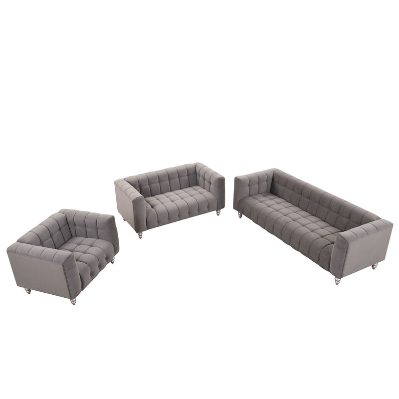 Modern 3 Piece Sofa Set With Solid Wood Legs, Buttoned Tufted Backrest, Dutch Fleece Upholstered Sofa Set Including Three Seater Sofa, Double Seat And Living Room Furniture Set Single Chair