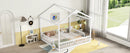 Double Twin House-Style Floor Bed with Fence, Guardrails, without door, White