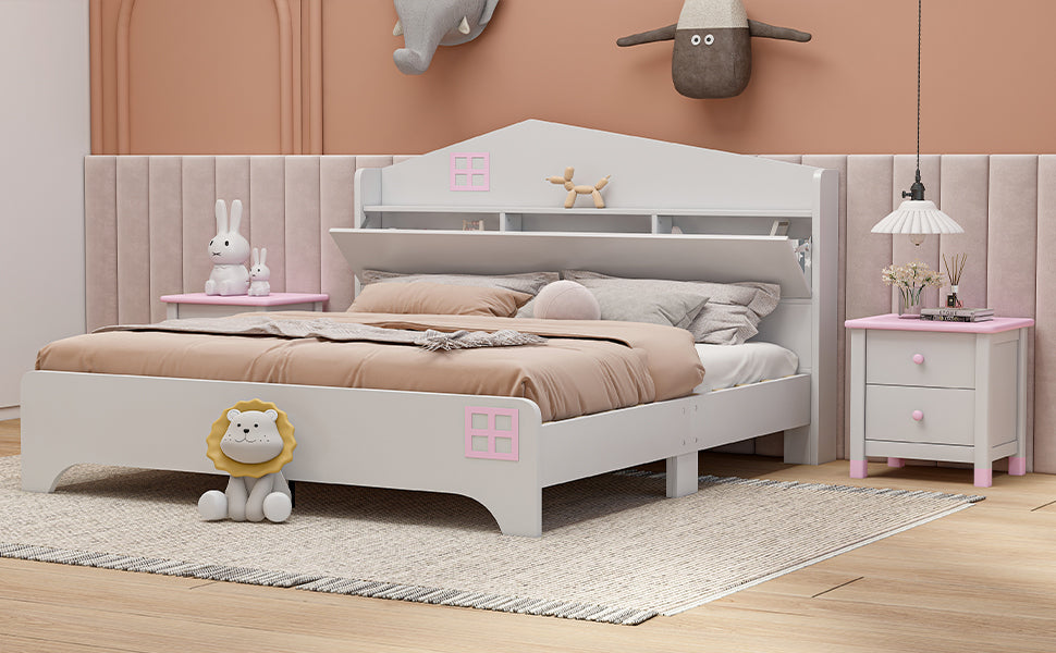 Wooden Full Size House Bed with Storage Headboard ,Kids Bed with Storage Shelf,White - Atlantic Fine Furniture Melbourne FL