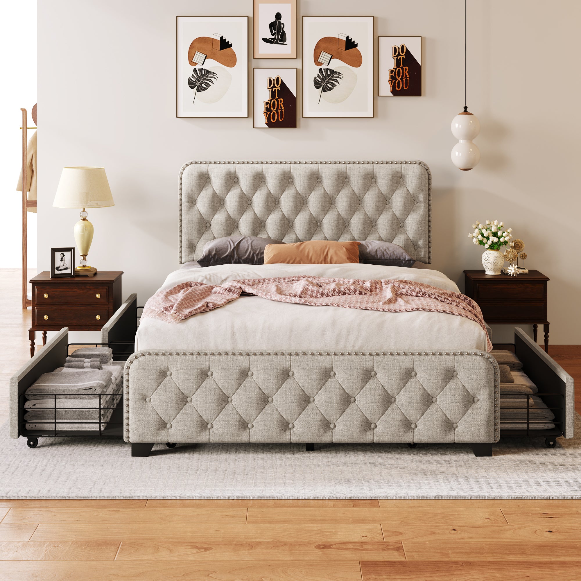Upholstered Platform Bed Frame with Four Drawers, Button Tufted Headboard and Footboard Sturdy Metal Support, No Box Spring Required, Beige, Full (Old sku:BS300281AAA) - Atlantic Fine Furniture Melbourne FL