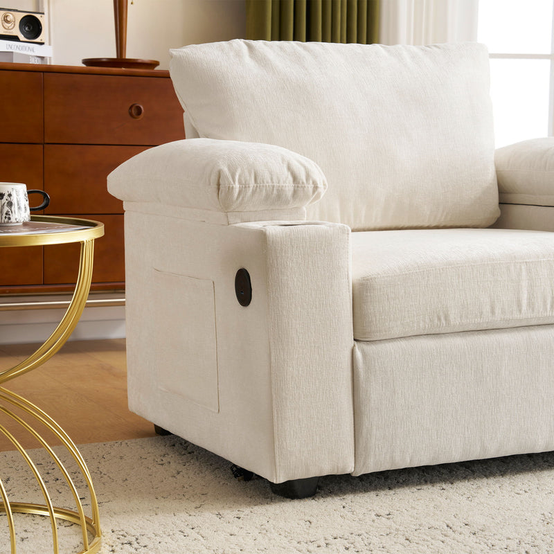 Chenille Fabric Sofa Bed With Cupholders And USB Charging Ports Chair For Living Room