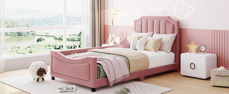 Twin Size Upholstered Daybed with Classic Stripe Shaped  Headboard, Pink