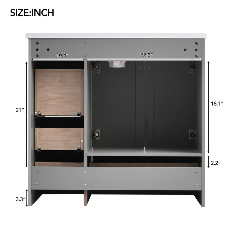 36" Shaker Free Standing Bathroom Vanity Cabinet With Sink, Soft Close Drawers, Soft Close Doors - Gray