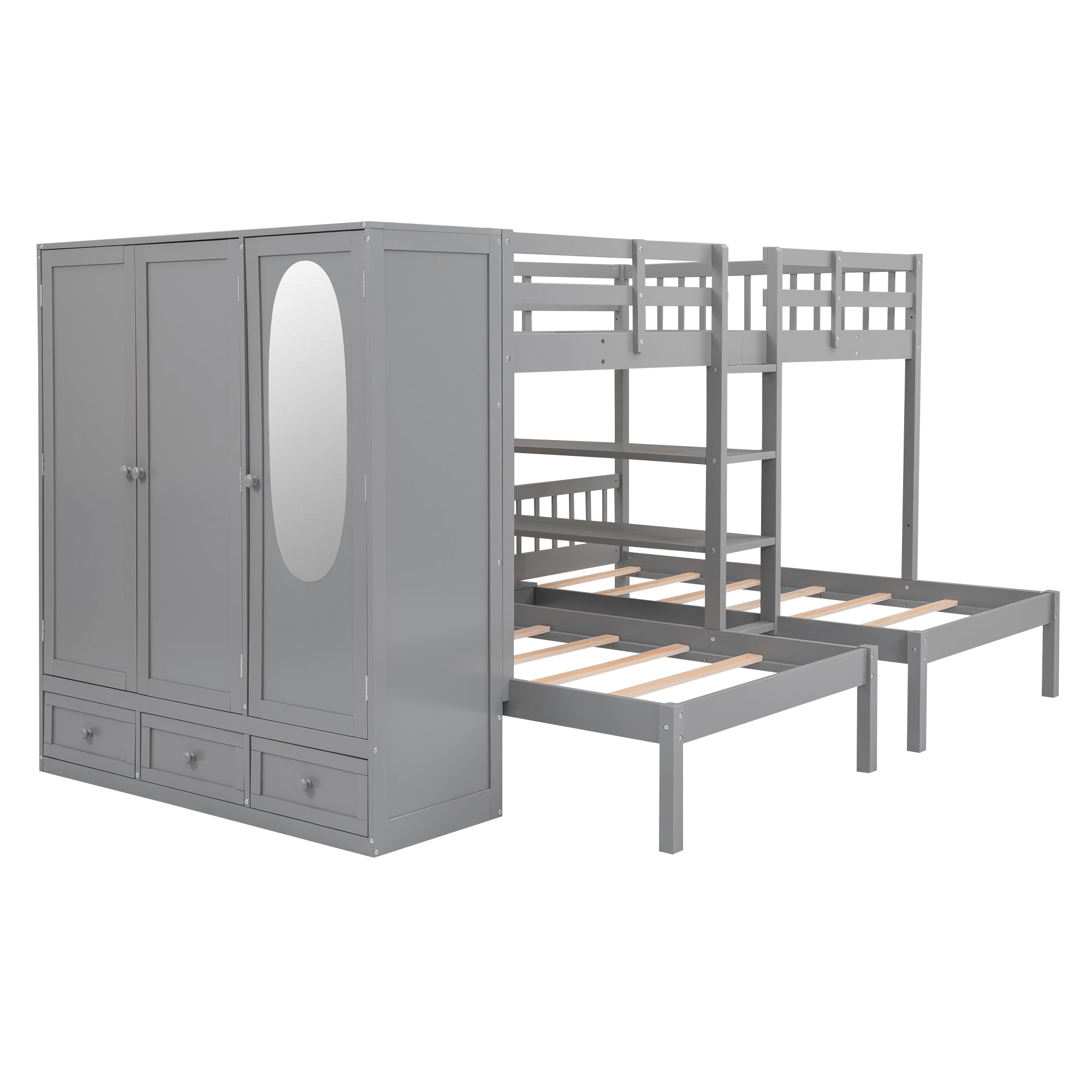 Full-Over-Twin-Twin Bunk Bed with Shelves, Wardrobe and Mirror, Gray - Atlantic Fine Furniture Melbourne FL