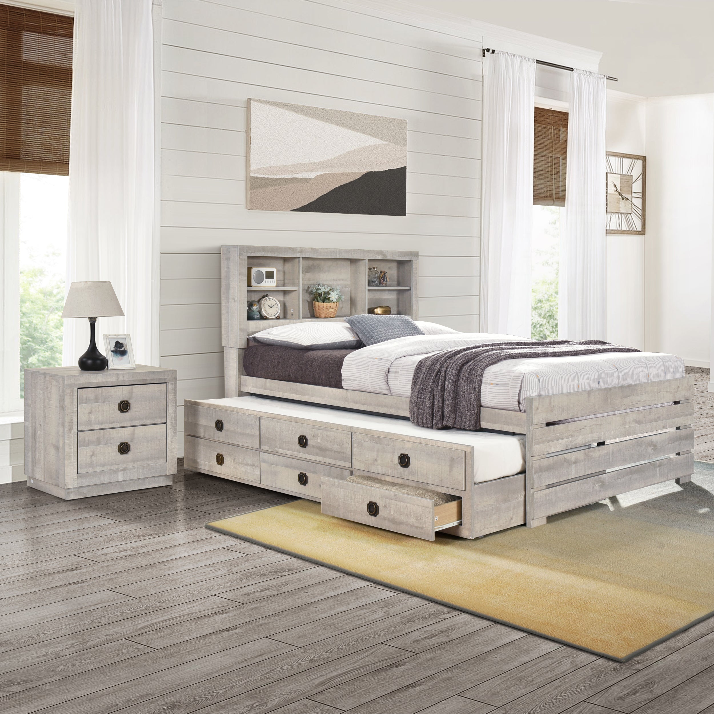 Farmhouse Style Twin Size Bookcase Captain Bed with Three Drawers and Trundle, Rustic White - Atlantic Fine Furniture Melbourne FL