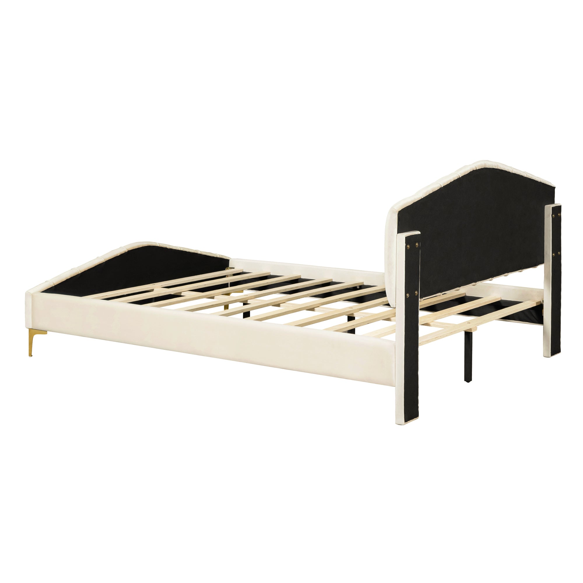Queen Size Velvet Platform Bed with Thick Fabric, Stylish Stripe Decorated Bedboard and Elegant Metal Bed Leg, Beige - Atlantic Fine Furniture Melbourne FL