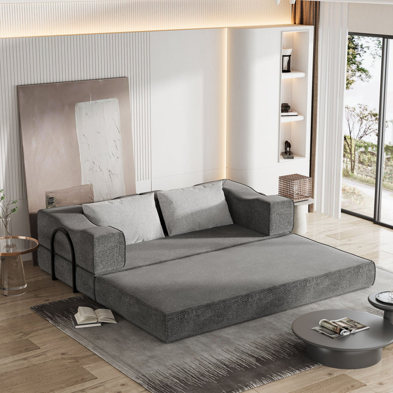 Convertible Couch Bed With 2 Pillows, 3 Seat Folding Floor Couch & King Size Bed Mattress, Diy Combination - Gray
