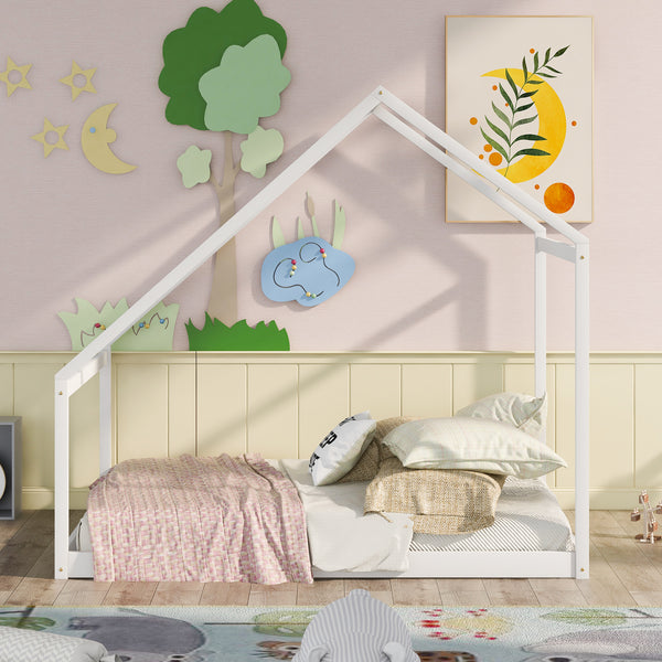 Full Size Wooden House Bed, White