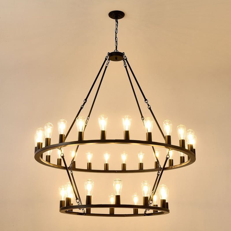 Extra Large Wagon Wheel Chandelier, 2 Tier 36 Lights (No Include) Farmhouse Industrial Round High Ceiling Pendant Light Adjustable Chain, For Dining Room, Living Room, Kitchen - Black