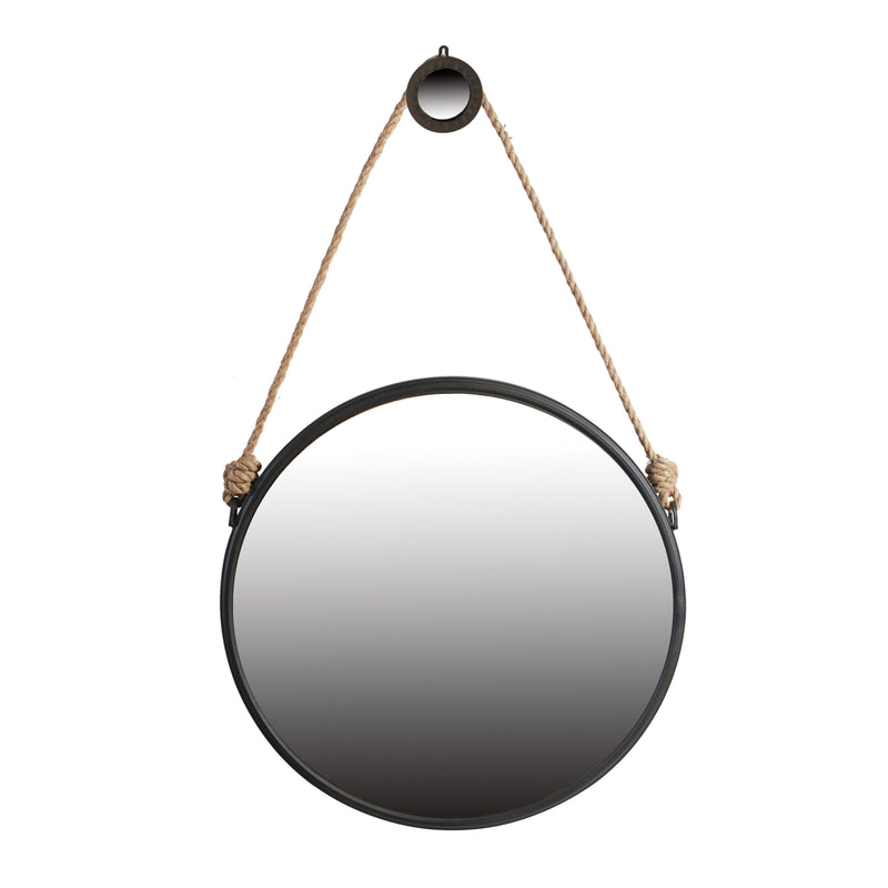 On-Trend Hanging Round Mirror With Framed And With Rope Strap Contemporary Industrial Decor For Bathroom, Bedroom, Or Living Space - Black