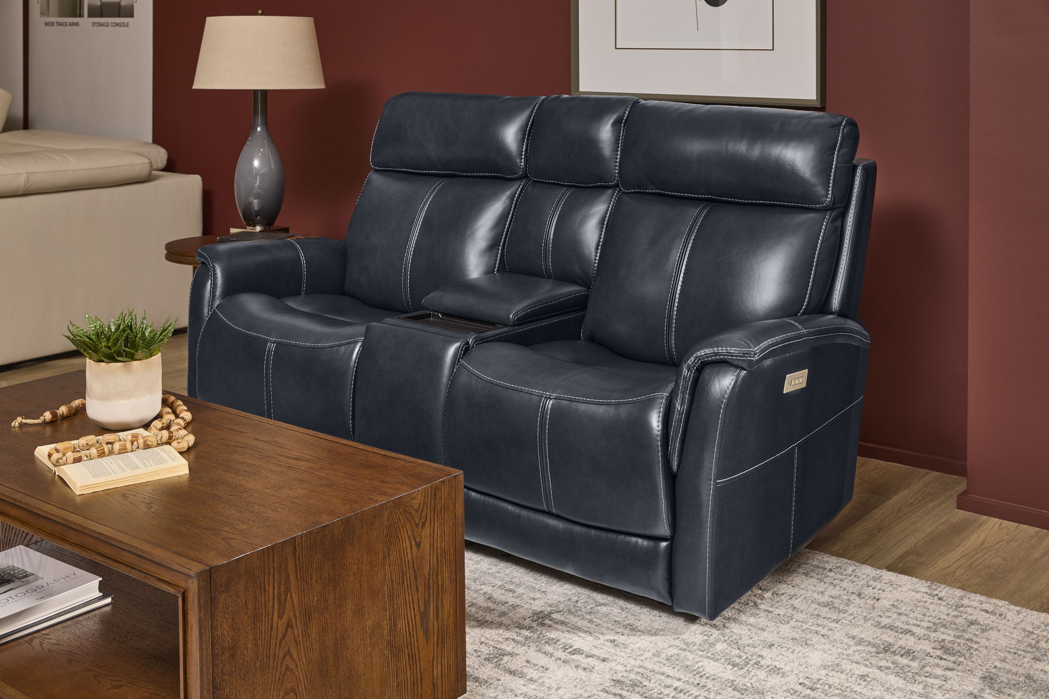 View - Power Reclining Loveseat With Console, Power Headrest & Lumbar
