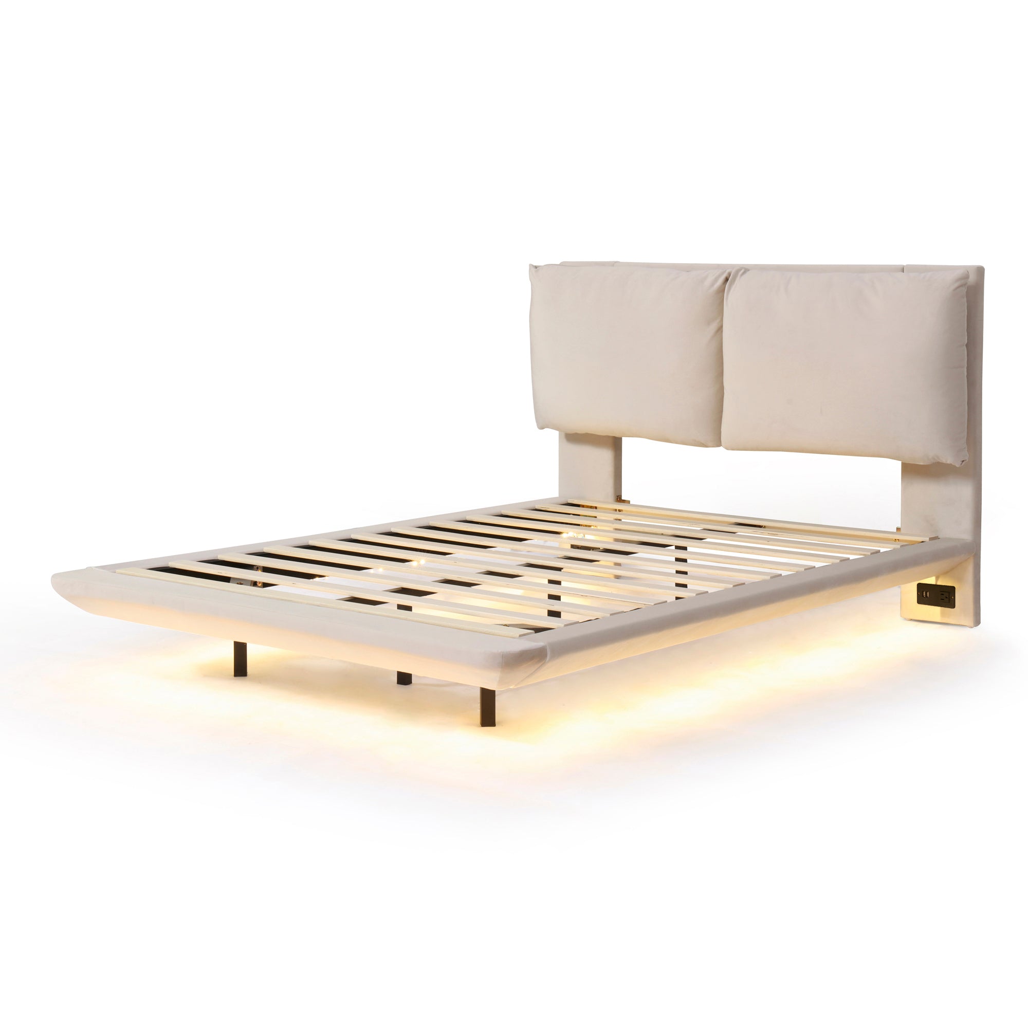 Full Size Upholstered Platform Bed with Sensor Light and 2 Large Backrests, Stylish Platform Bed with 2 sets of USB Port and Socket on each rear Bed Leg, Beige - Atlantic Fine Furniture Melbourne FL