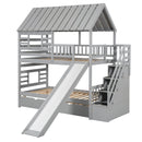 House Bunk Bed With Trundle, Storage Staircase, Roof And Window Design